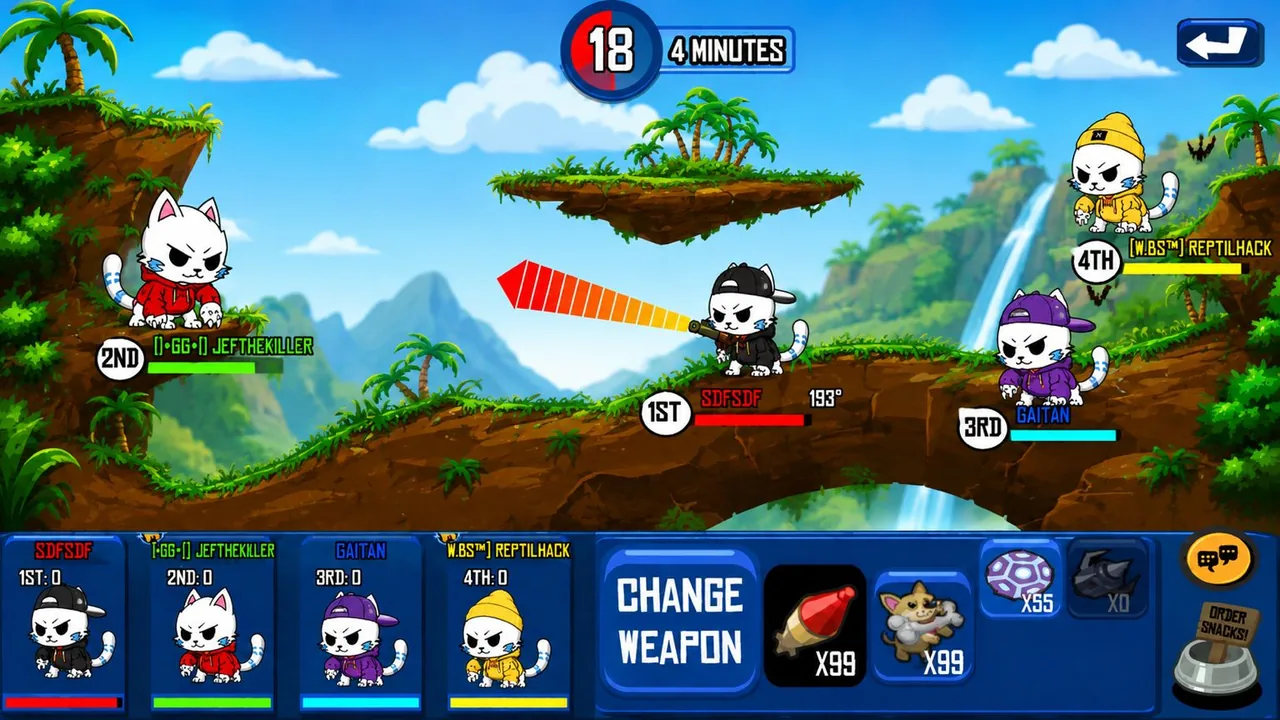 Four cats in hoodies facing off across a jungle arena, with a targeting arrow and a turn timer
