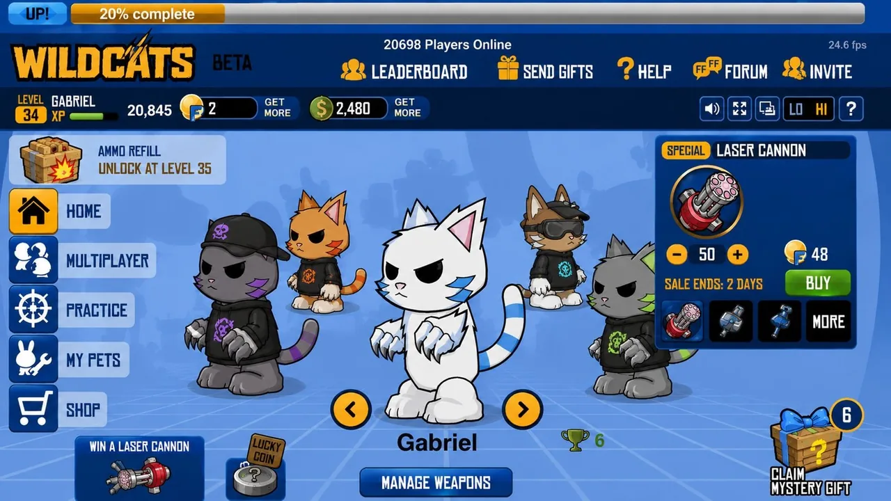 The WildCats lobby: a lineup of cat characters, weapon shop and multiplayer menu
